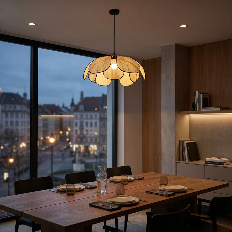 Floral Fabric Pendant Light TERRAVA LG348 with soft handcrafted petal shade and diffused warm glow for living room, dining room, and kitchen interiors