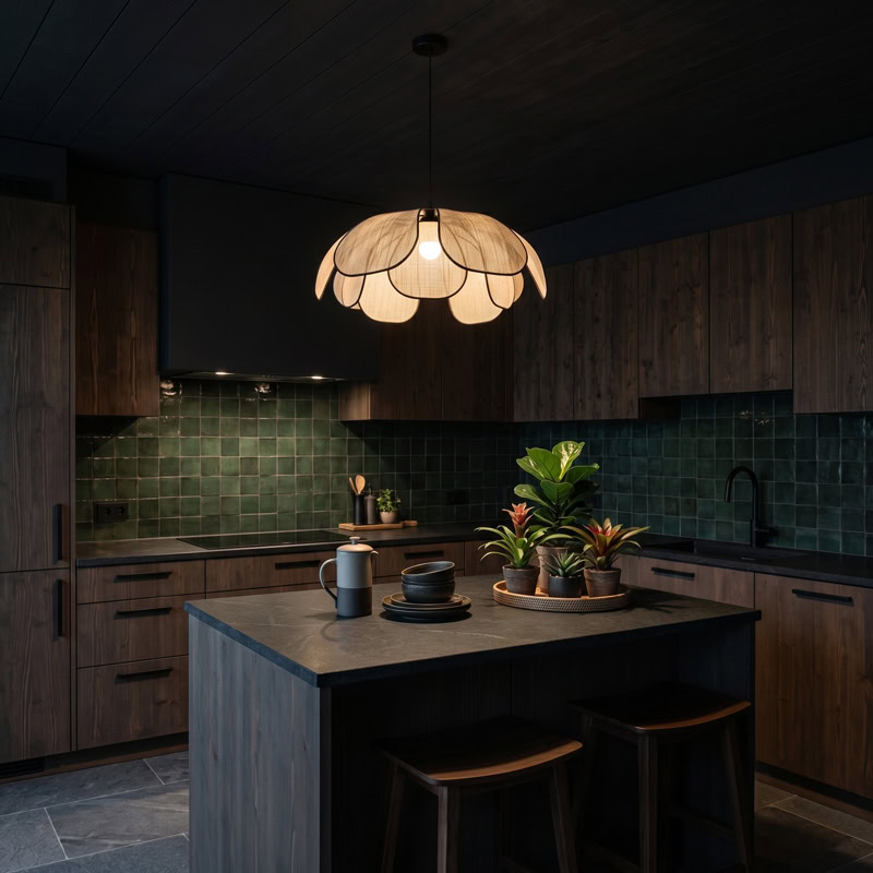 Floral Fabric Pendant Light TERRAVA LG348 with soft handcrafted petal shade and diffused warm glow for living room, dining room, and kitchen interiors