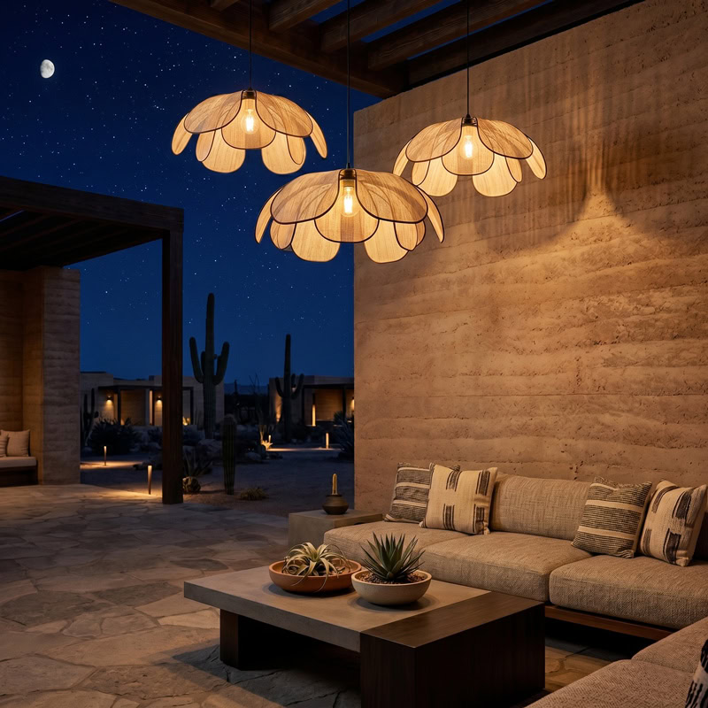Floral Fabric Pendant Light TERRAVA LG348 with soft handcrafted petal shade and diffused warm glow for living room, dining room, and kitchen interiors
