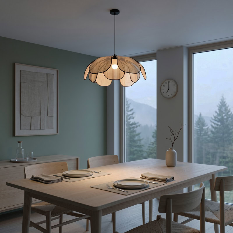 Floral Fabric Pendant Light TERRAVA LG348 with soft handcrafted petal shade and diffused warm glow for living room, dining room, and kitchen interiors