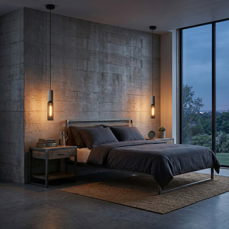 Industrial Concrete Pendant Light ANTIQUUS LG364 with cast concrete top and black metal mesh shade for dining kitchen and living room interiors