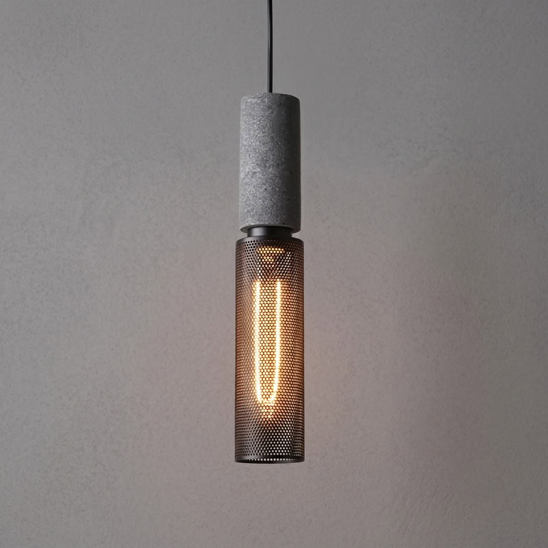 Industrial Concrete Pendant Light ANTIQUUS LG364 with cast concrete top and black metal mesh shade for dining kitchen and living room interiors