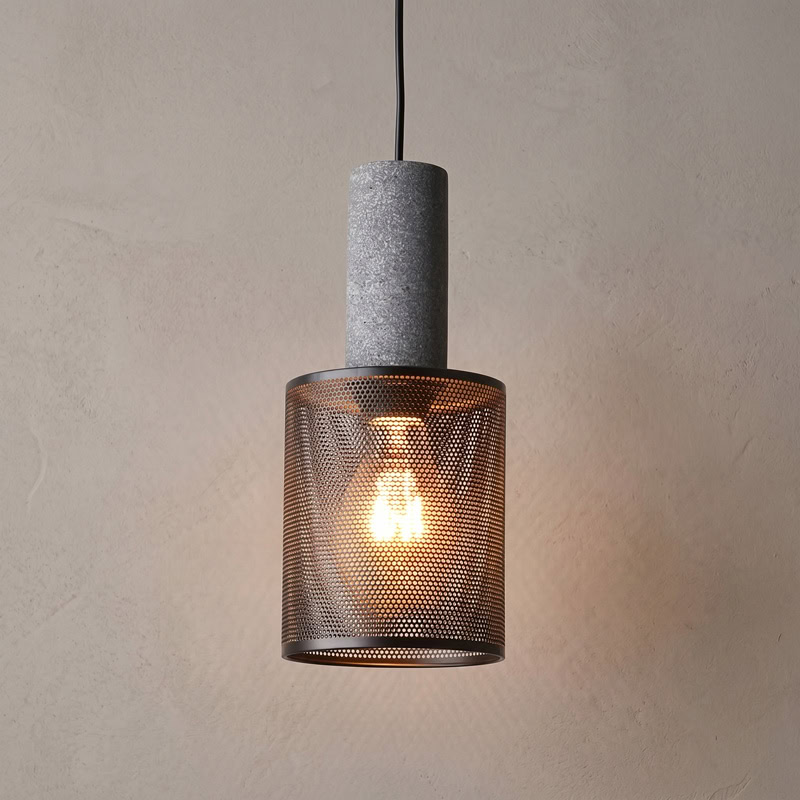 Industrial Concrete Pendant Light ANTIQUUS LG364 with cast concrete top and black metal mesh shade for dining kitchen and living room interiors