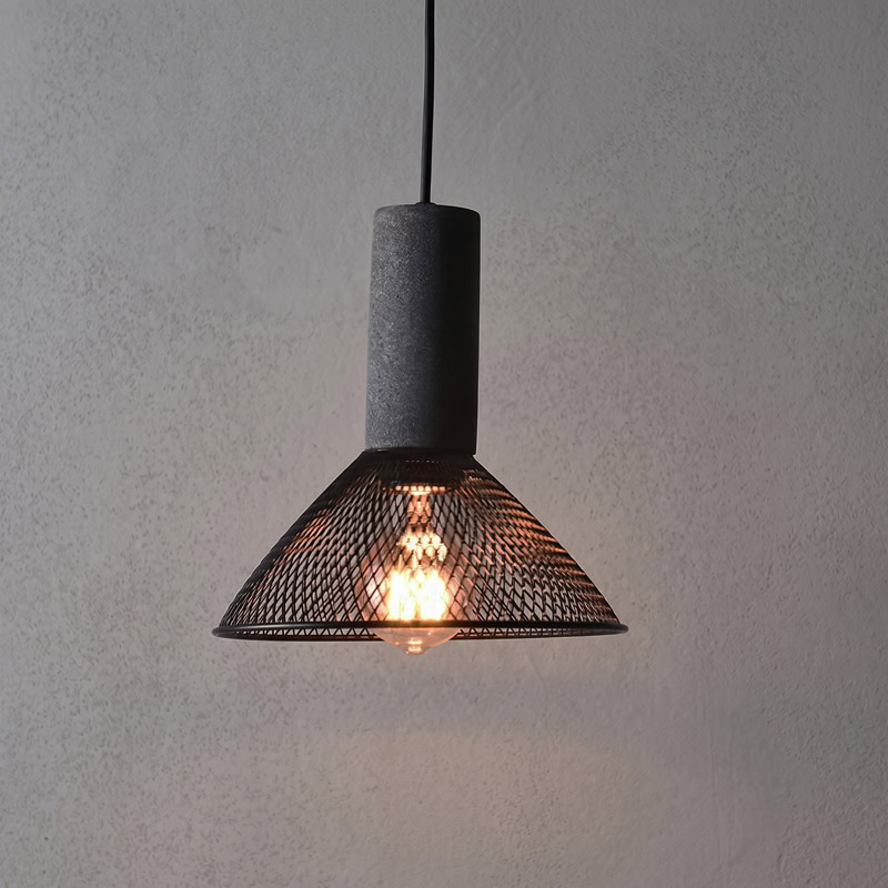Industrial Concrete Pendant Light ANTIQUUS LG364 with cast concrete top and black metal mesh shade for dining kitchen and living room interiors