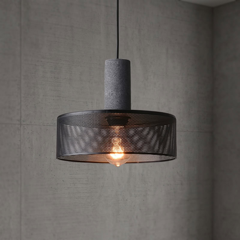 Industrial Concrete Pendant Light ANTIQUUS LG364 with cast concrete top and black metal mesh shade for dining kitchen and living room interiors