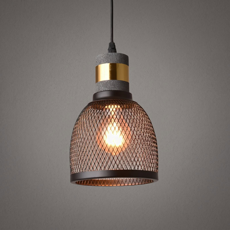 Industrial Concrete Pendant Light ANTIQUUS LG364 with cast concrete top and black metal mesh shade for dining kitchen and living room interiors