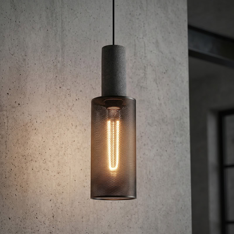 Industrial Concrete Pendant Light ANTIQUUS LG364 with cast concrete top and black metal mesh shade for dining kitchen and living room interiors