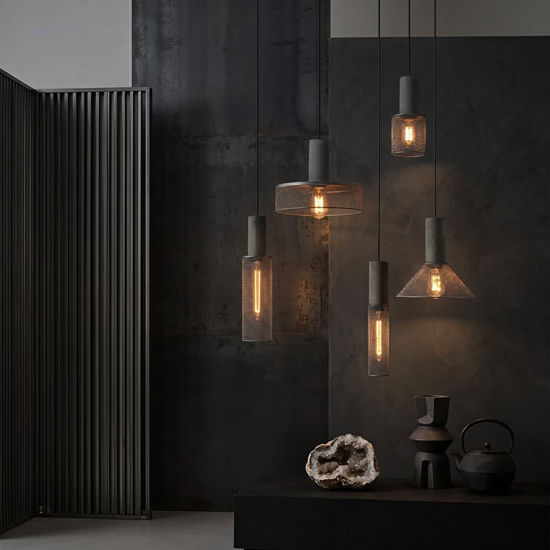 Industrial Concrete Pendant Light ANTIQUUS LG364 with cast concrete top and black metal mesh shade for dining kitchen and living room interiors