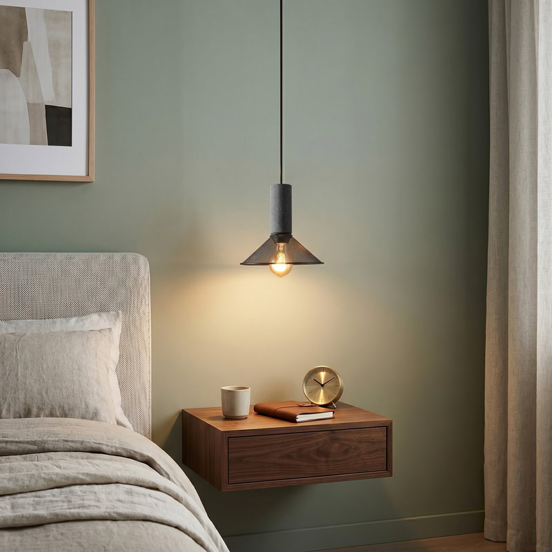 Industrial Concrete Pendant Light ANTIQUUS LG364 with cast concrete top and black metal mesh shade for dining kitchen and living room interiors