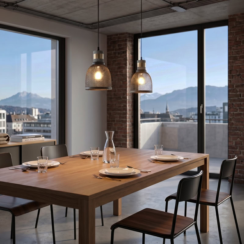 Industrial Concrete Pendant Light ANTIQUUS LG364 with cast concrete top and black metal mesh shade for dining kitchen and living room interiors