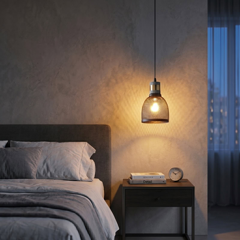 Industrial Concrete Pendant Light ANTIQUUS LG364 with cast concrete top and black metal mesh shade for dining kitchen and living room interiors