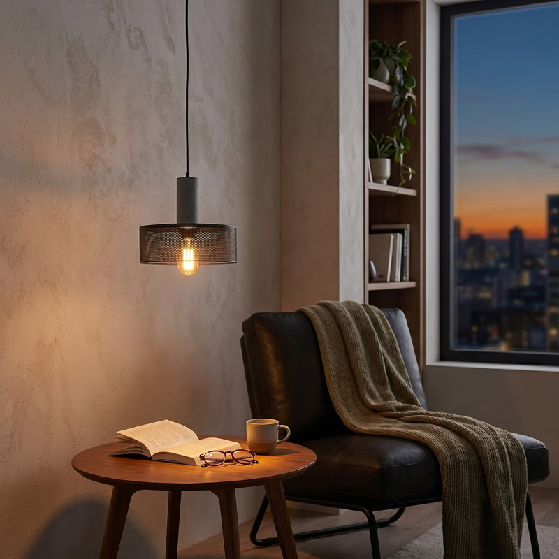 Industrial Concrete Pendant Light ANTIQUUS LG364 with cast concrete top and black metal mesh shade for dining kitchen and living room interiors