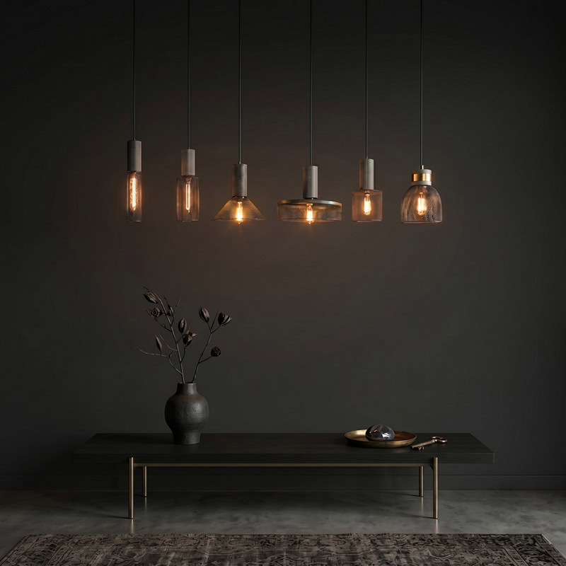 Industrial Concrete Pendant Light ANTIQUUS LG364 with cast concrete top and black metal mesh shade for dining kitchen and living room interiors