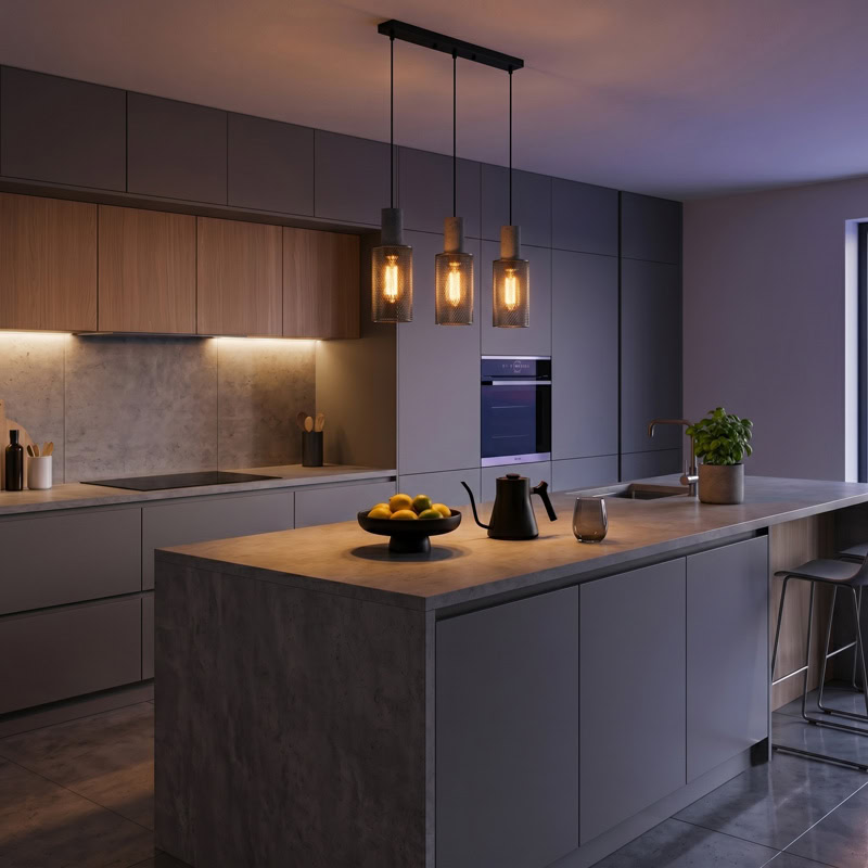 Industrial Concrete Pendant Light ANTIQUUS LG364 with cast concrete top and black metal mesh shade for dining kitchen and living room interiors