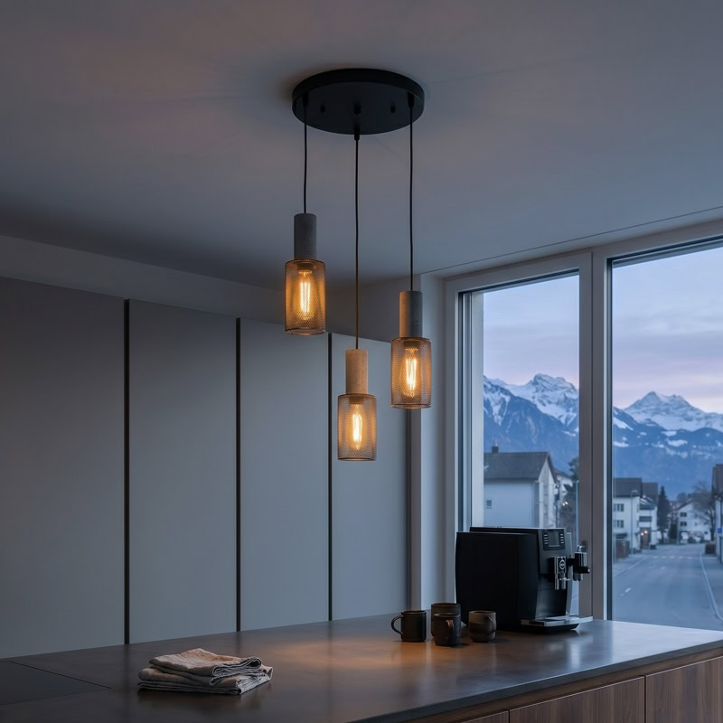 Industrial Concrete Pendant Light ANTIQUUS LG364 with cast concrete top and black metal mesh shade for dining kitchen and living room interiors