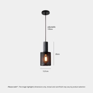 Industrial Concrete Pendant Light ANTIQUUS LG364 with cast concrete top and black metal mesh shade for dining kitchen and living room interiors