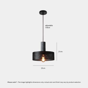 Industrial Concrete Pendant Light ANTIQUUS LG364 with cast concrete top and black metal mesh shade for dining kitchen and living room interiors