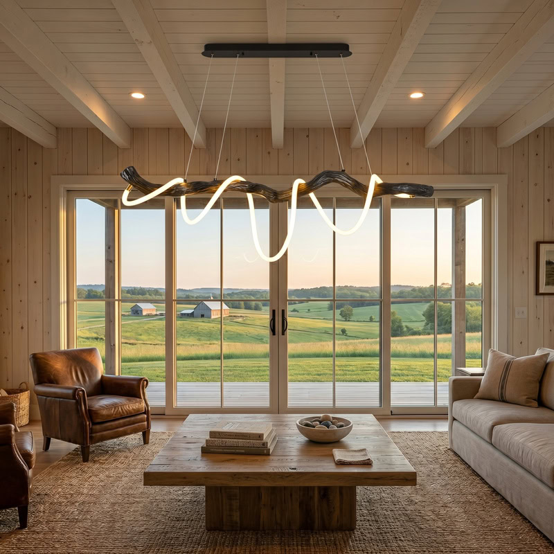 Sculptural resin rope pendant light with integrated LED, organic branch-inspired design, and 360° illumination for modern interiors.