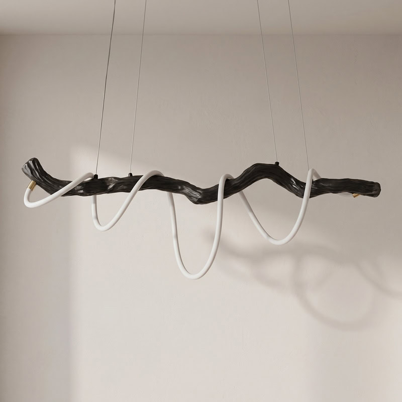 Sculptural resin rope pendant light with integrated LED, organic branch-inspired design, and 360° illumination for modern interiors.