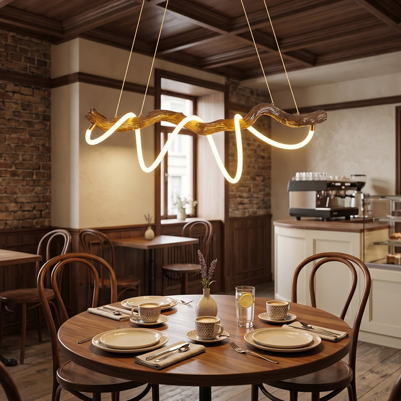 Sculptural resin rope pendant light with integrated LED, organic branch-inspired design, and 360° illumination for modern interiors.