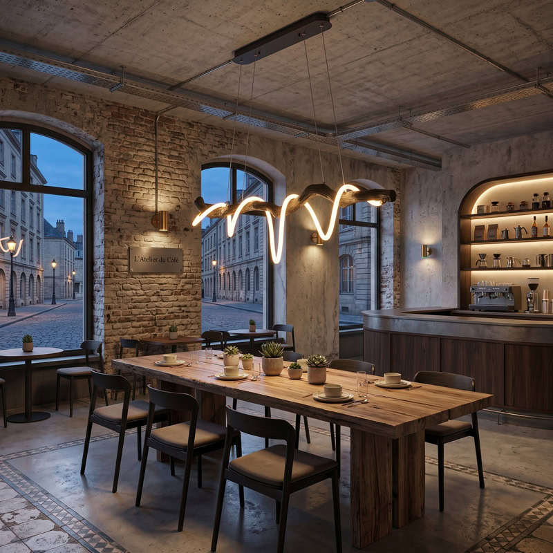 Sculptural resin rope pendant light with integrated LED, organic branch-inspired design, and 360° illumination for modern interiors.