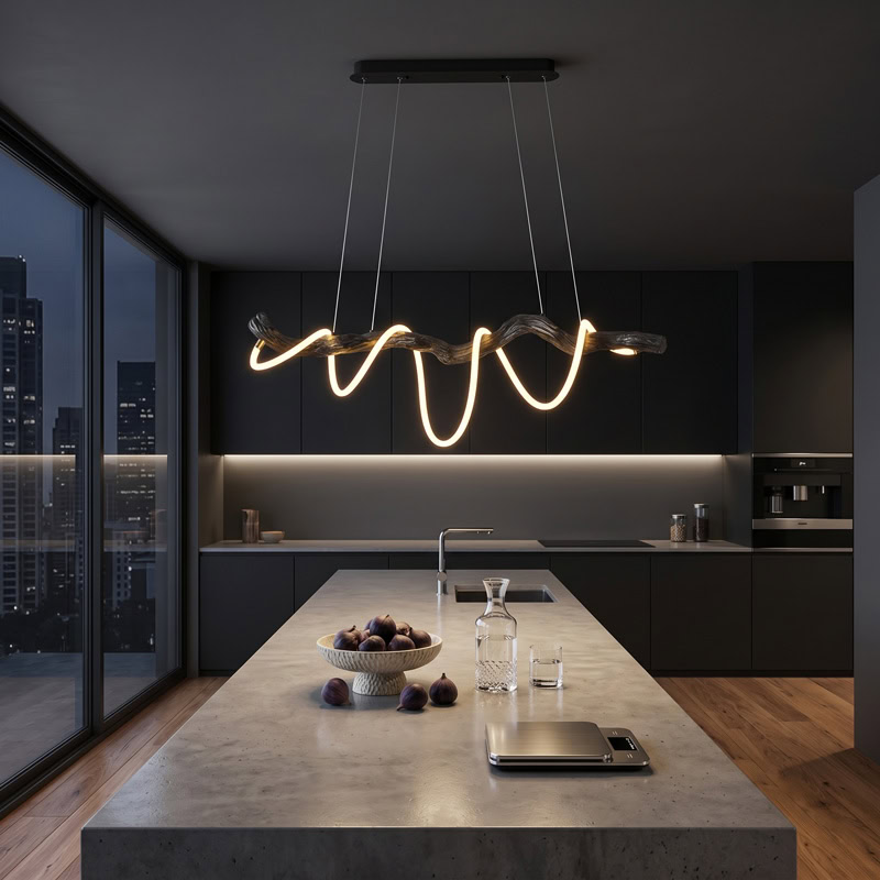 Sculptural resin rope pendant light with integrated LED, organic branch-inspired design, and 360° illumination for modern interiors.