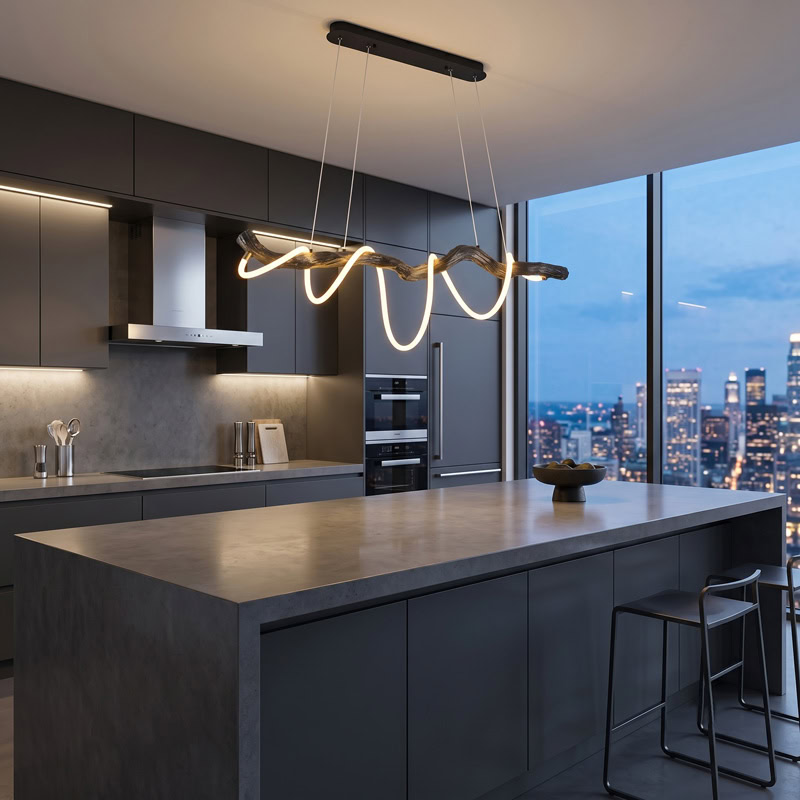 Sculptural resin rope pendant light with integrated LED, organic branch-inspired design, and 360° illumination for modern interiors.