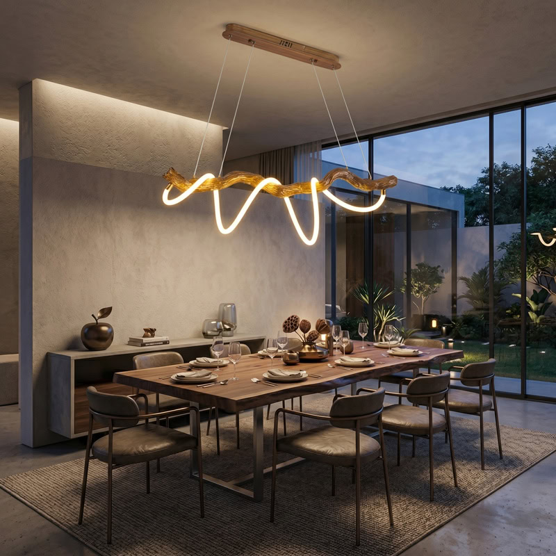Sculptural resin rope pendant light with integrated LED, organic branch-inspired design, and 360° illumination for modern interiors.