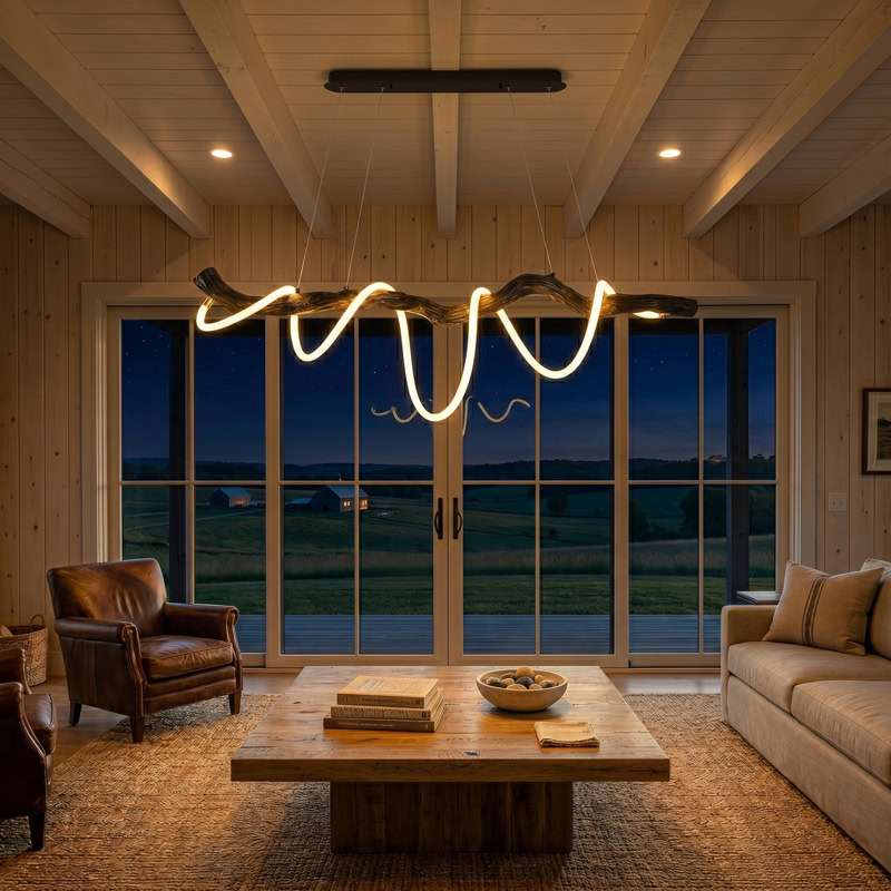 Sculptural resin rope pendant light with integrated LED, organic branch-inspired design, and 360° illumination for modern interiors.