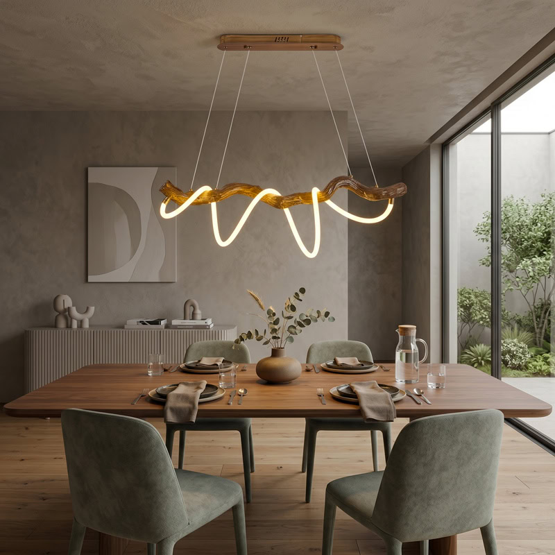 Sculptural resin rope pendant light with integrated LED, organic branch-inspired design, and 360° illumination for modern interiors.
