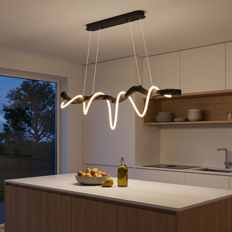 Sculptural resin rope pendant light with integrated LED, organic branch-inspired design, and 360° illumination for modern interiors.
