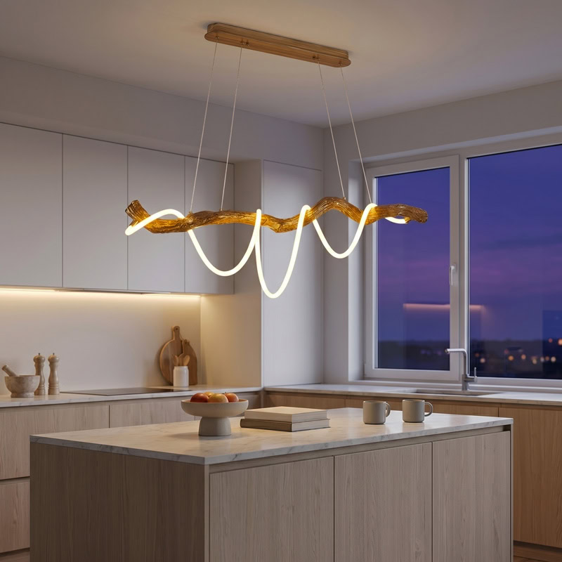 Sculptural resin rope pendant light with integrated LED, organic branch-inspired design, and 360° illumination for modern interiors.