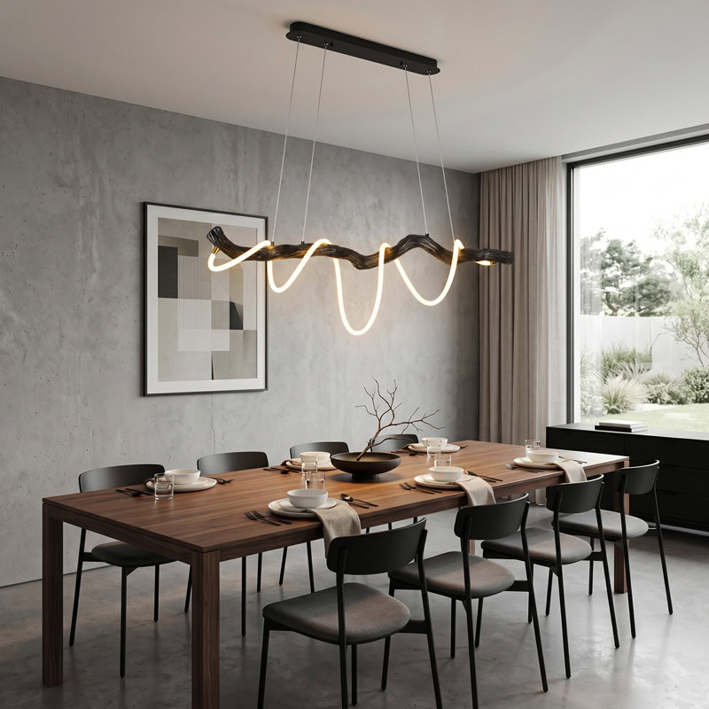 Sculptural resin rope pendant light with integrated LED, organic branch-inspired design, and 360° illumination for modern interiors.