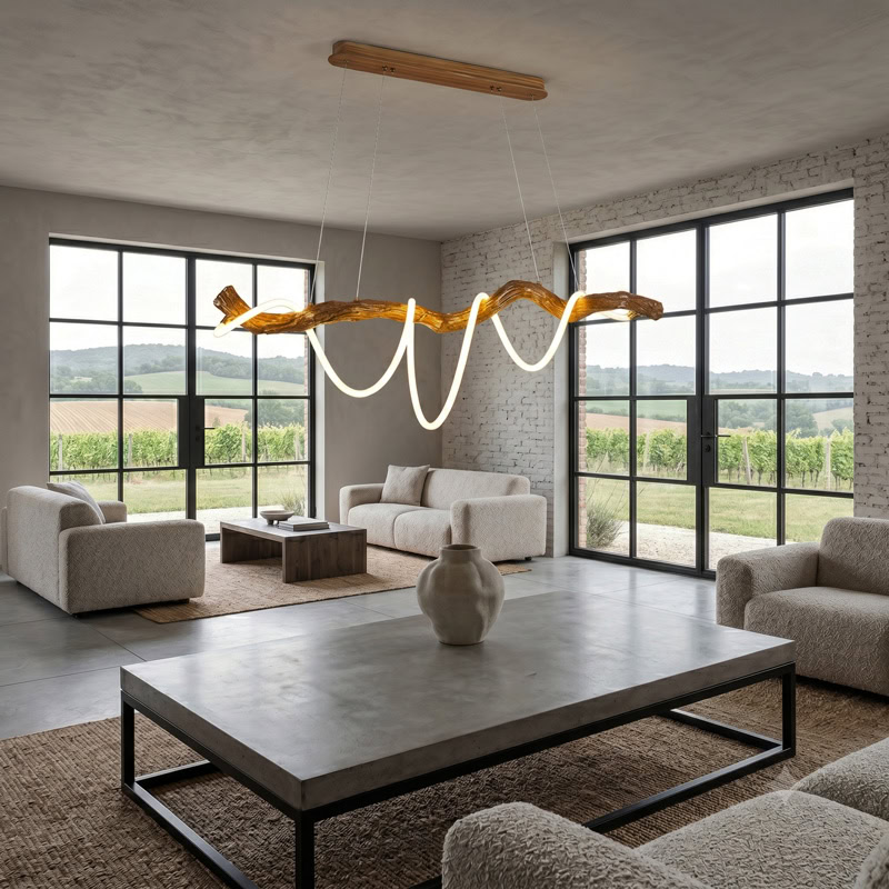 Sculptural resin rope pendant light with integrated LED, organic branch-inspired design, and 360° illumination for modern interiors.