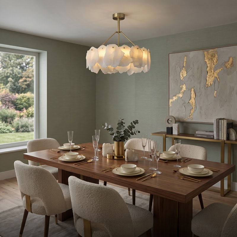 Luxury natural marble pendant chandelier with brushed gold frame and soft ambient LED illumination
