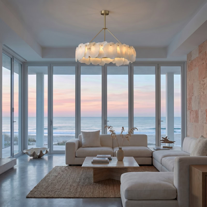 Luxury natural marble pendant chandelier with brushed gold frame and soft ambient LED illumination