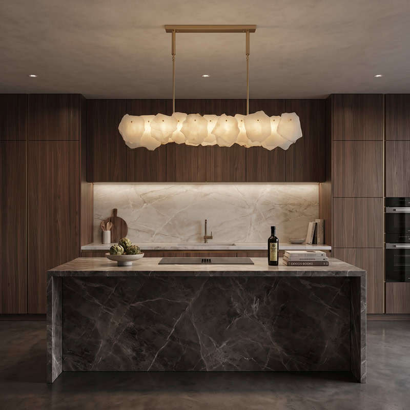 Luxury natural marble pendant chandelier with brushed gold frame and soft ambient LED illumination