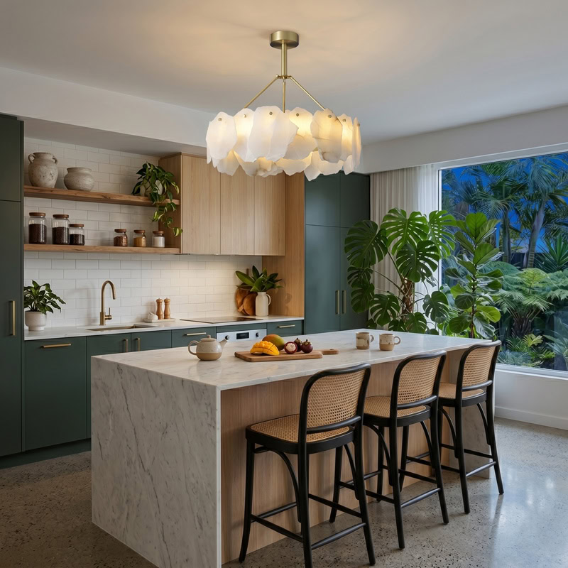 Luxury natural marble pendant chandelier with brushed gold frame and soft ambient LED illumination