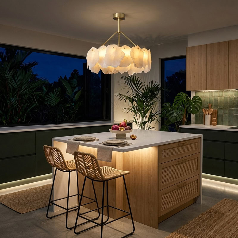 Luxury natural marble pendant chandelier with brushed gold frame and soft ambient LED illumination