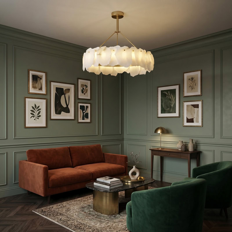 Luxury natural marble pendant chandelier with brushed gold frame and soft ambient LED illumination