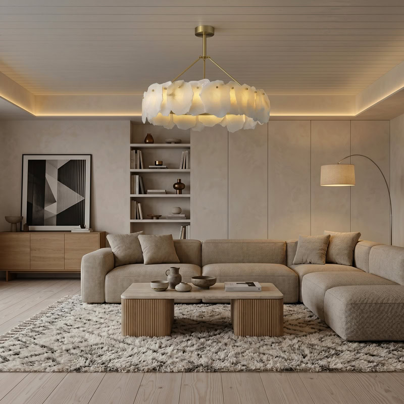 Luxury natural marble pendant chandelier with brushed gold frame and soft ambient LED illumination