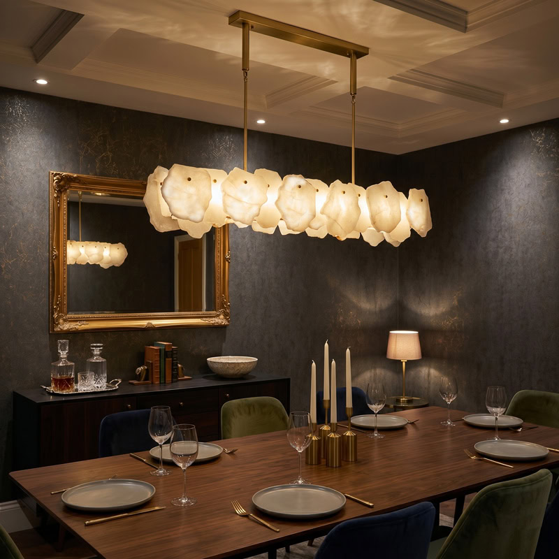 Luxury natural marble pendant chandelier with brushed gold frame and soft ambient LED illumination