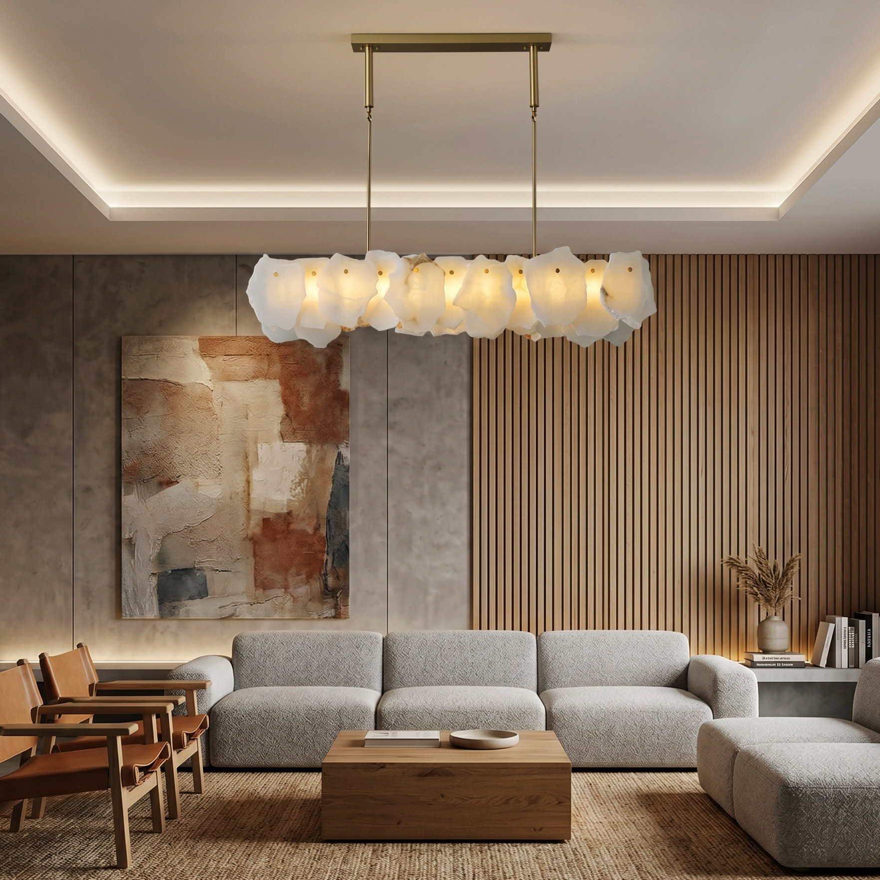 Luxury natural marble pendant chandelier with brushed gold frame and soft ambient LED illumination