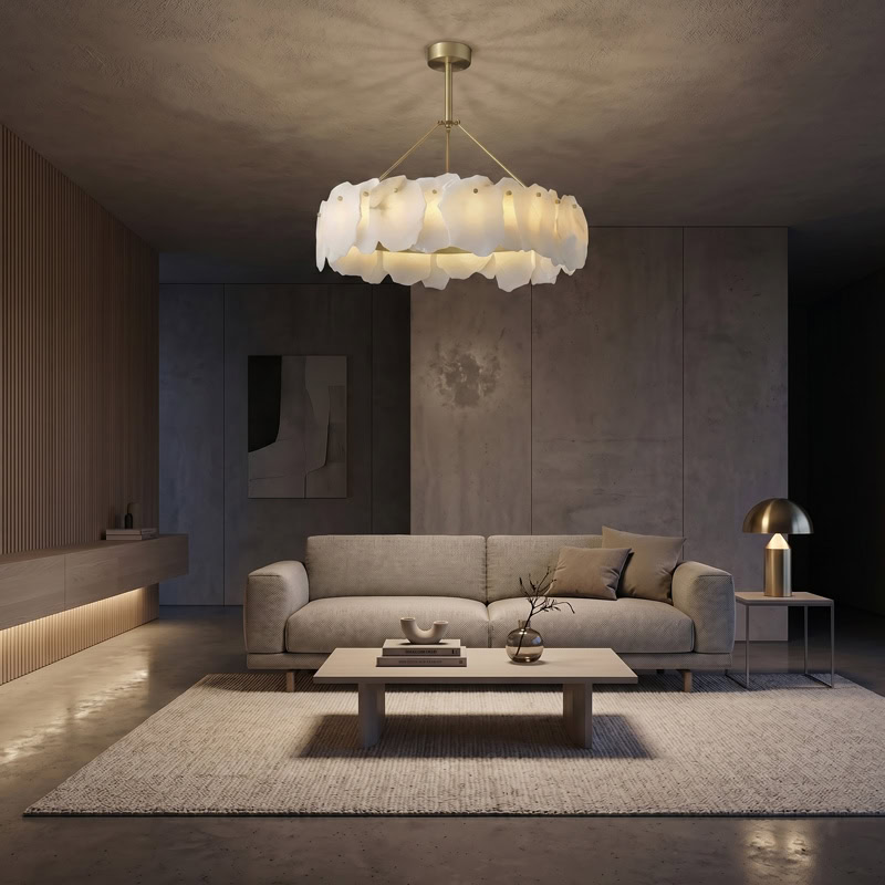 Luxury natural marble pendant chandelier with brushed gold frame and soft ambient LED illumination