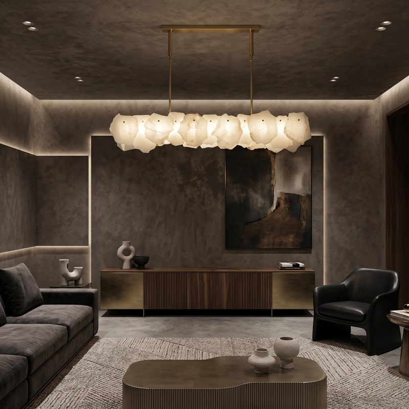 Luxury natural marble pendant chandelier with brushed gold frame and soft ambient LED illumination