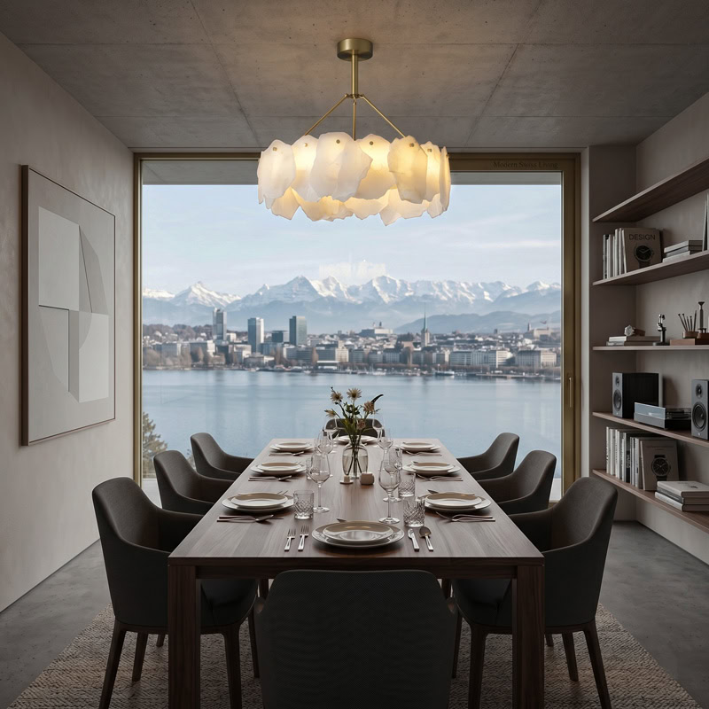 Luxury natural marble pendant chandelier with brushed gold frame and soft ambient LED illumination