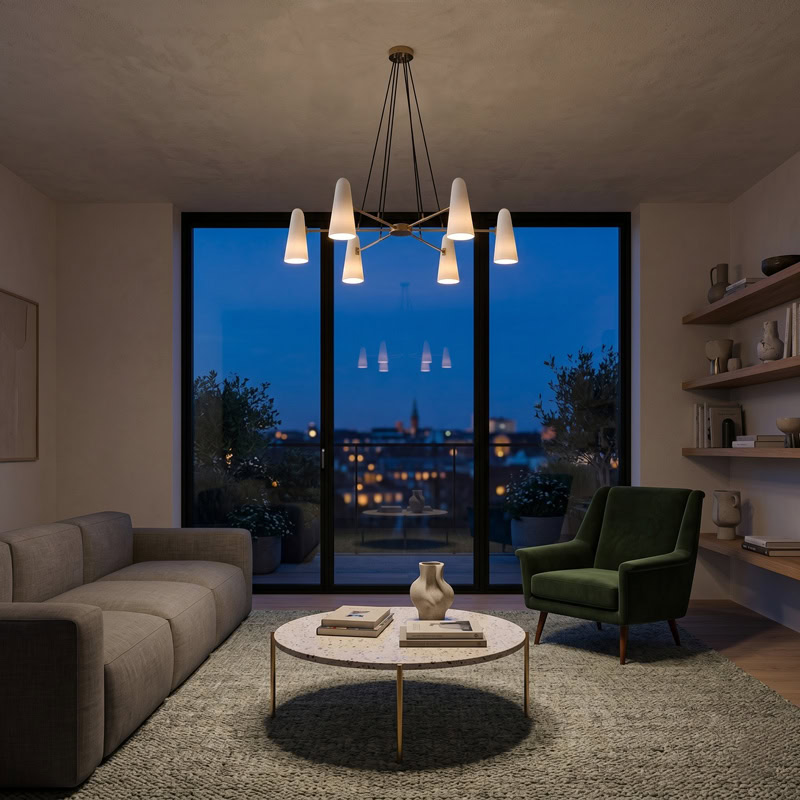 Mid-century glass cone chandelier in brass with tapered white glass shades on a radiating multi-arm frame
