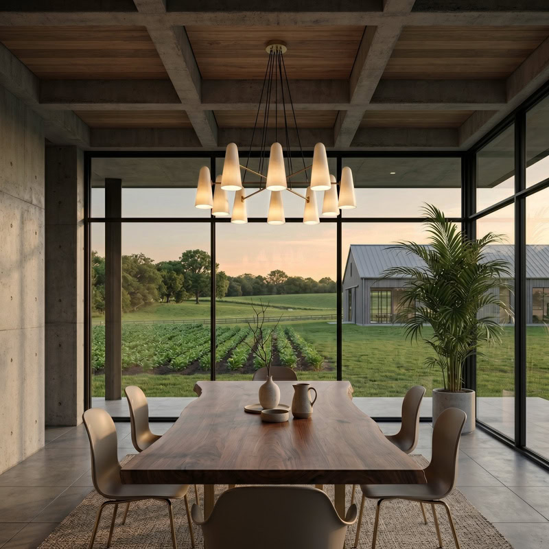 Mid-century glass cone chandelier in brass with tapered white glass shades on a radiating multi-arm frame