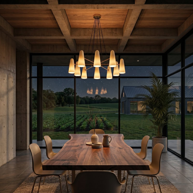 Mid-century glass cone chandelier in brass with tapered white glass shades on a radiating multi-arm frame