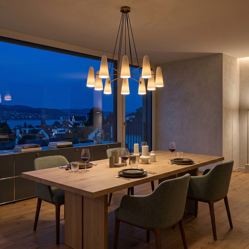 Mid-century glass cone chandelier in brass with tapered white glass shades on a radiating multi-arm frame